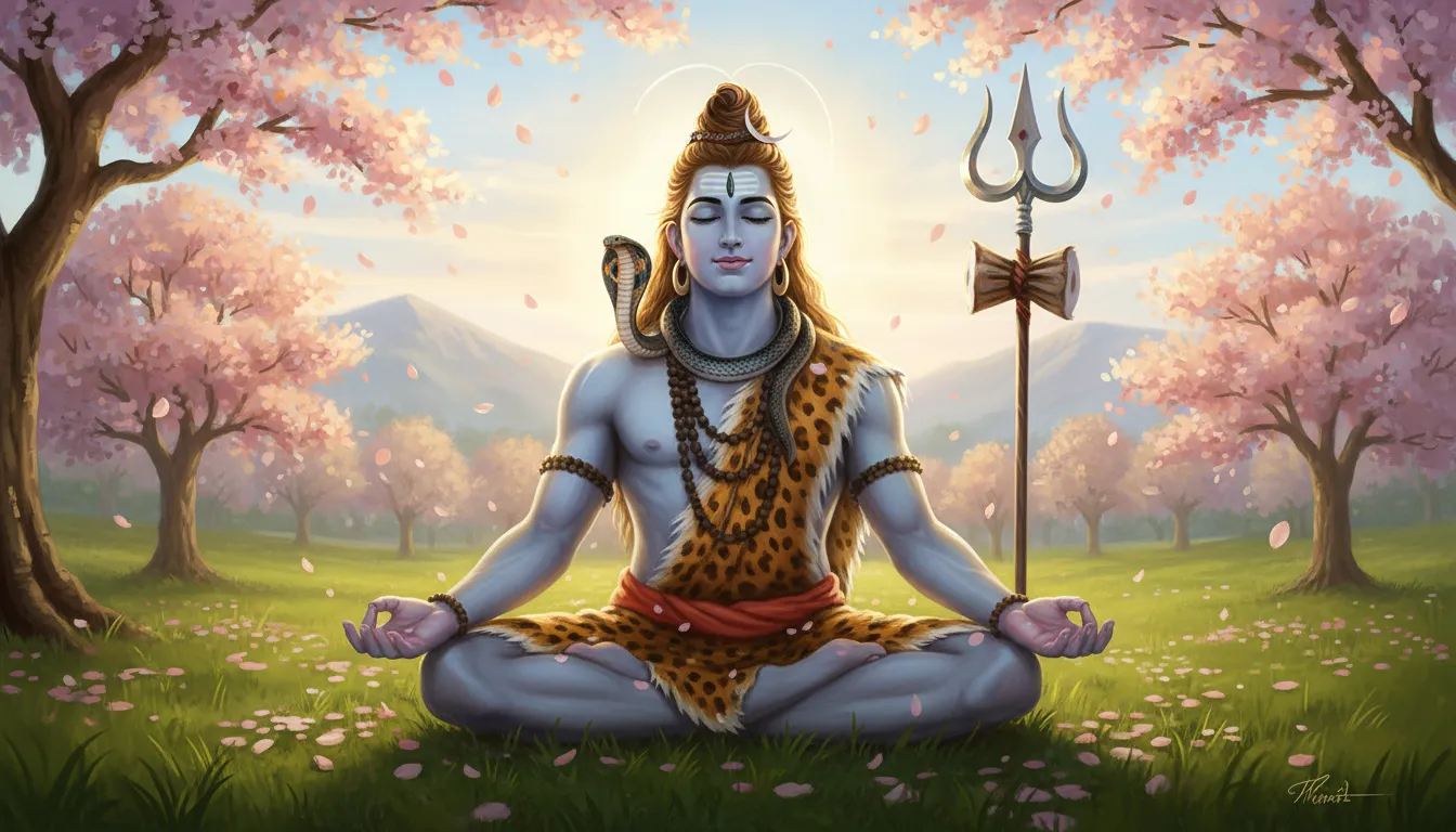 A soft, artistic illustration of Lord Shiva meditating under cherry blossom trees with falling pink flowers.