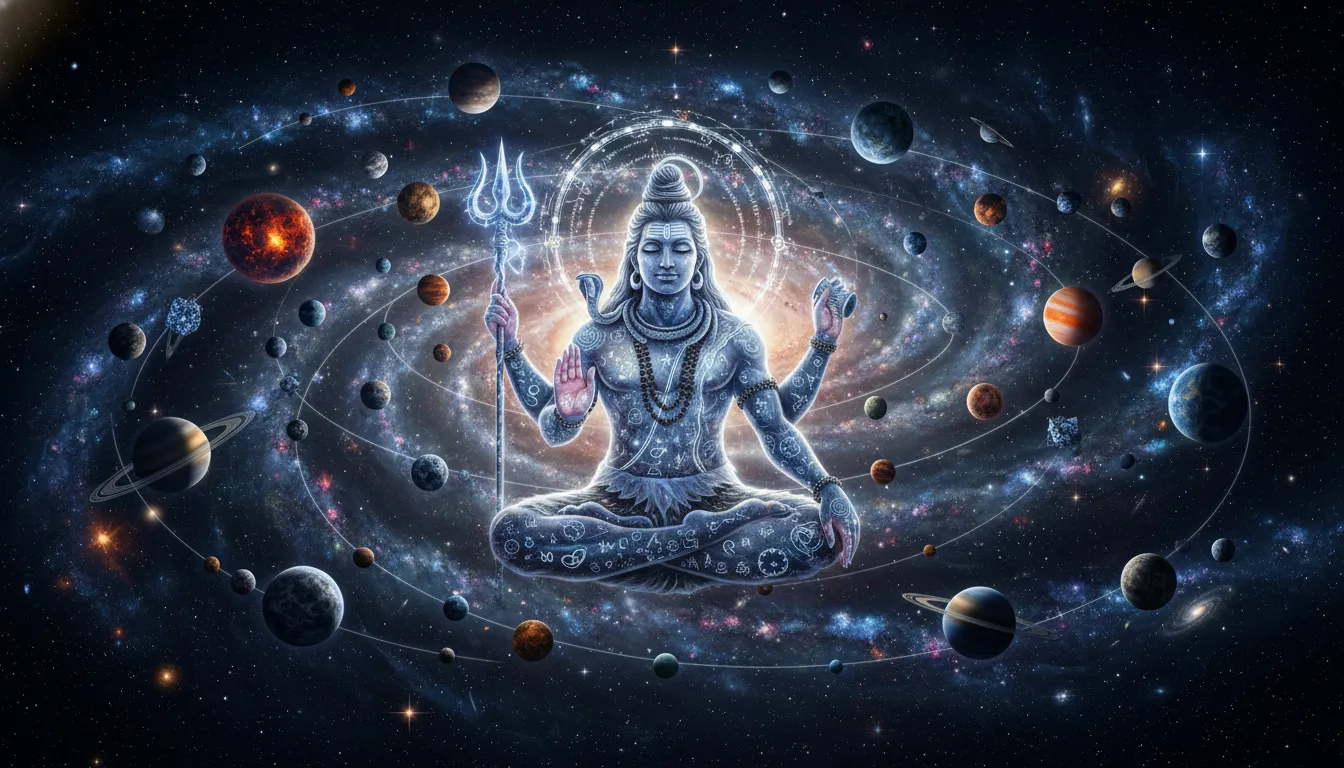 Lord Shiva sitting in a lotus meditation pose surrounded by planets like Saturn and various celestial bodies.