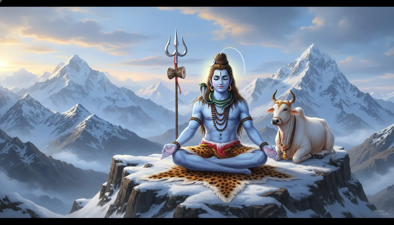 Lord Shiva sitting in a meditative lotus pose on a snowy mountain peak with Nandi.