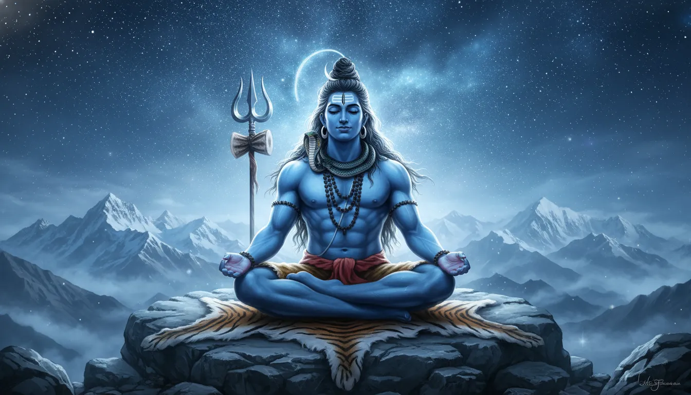 Lord Shiva in a powerful meditative pose sitting on a tiger skin amidst snow-capped Himalayan mountains.