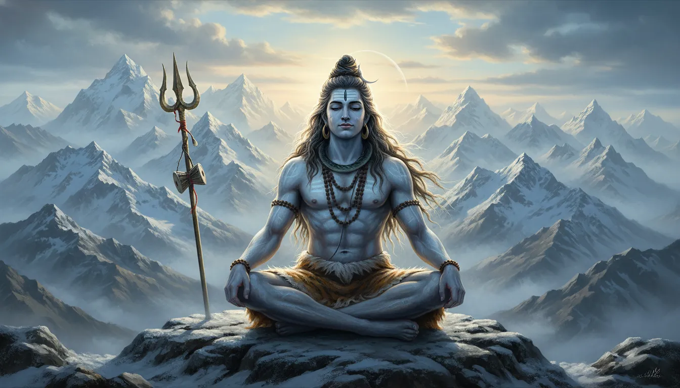 Lord Shiva sitting on a rock on a snowy mountain, eyes closed in meditation, with a Trishul resting beside him.