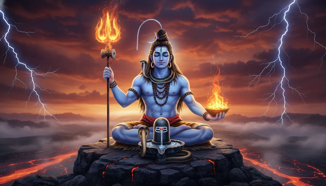 Lord Shiva in meditation with a flaming Trishul and a Shiva Lingam in the foreground.