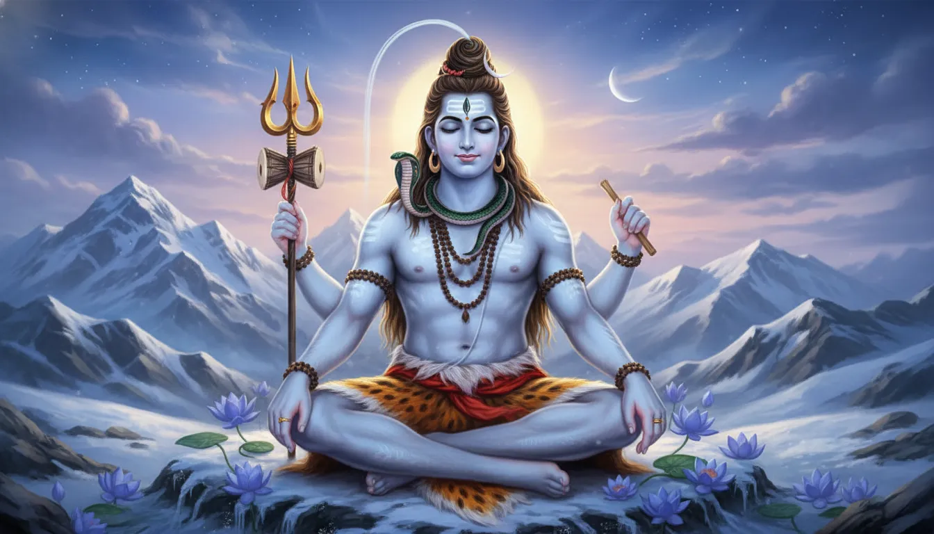 Lord Shiva meditating in Himalayas with trident, moon, and divine glow