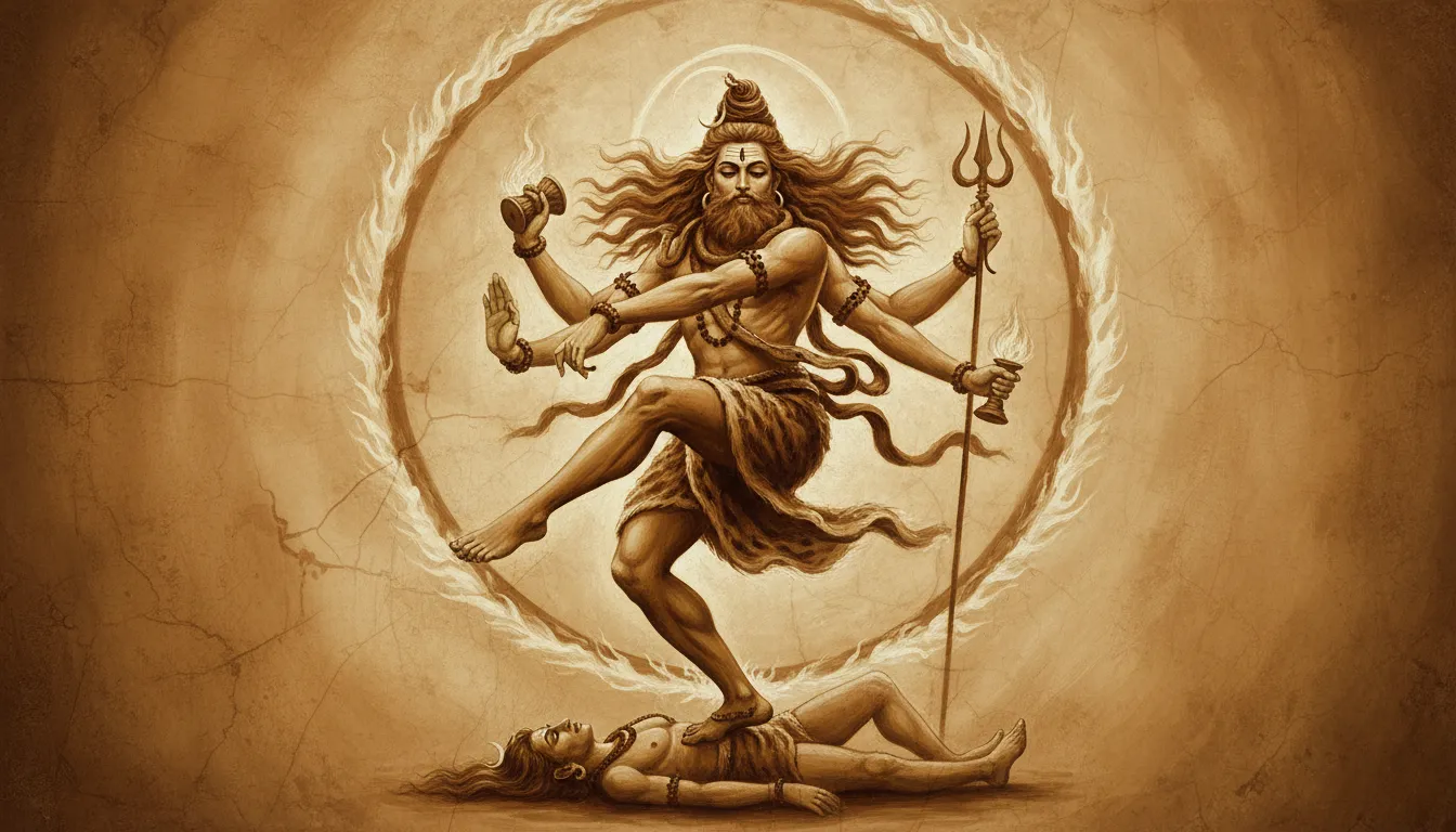 Lord Shiva dancing the Tandava in a rustic, golden-brown artistic style.