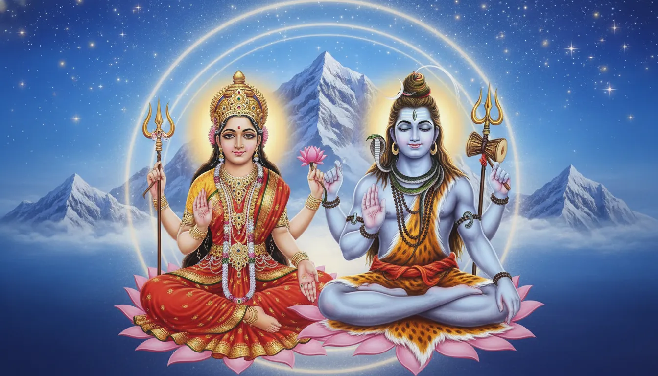 Lord Shiva and Parvati with golden aura in front of Mount Kailash