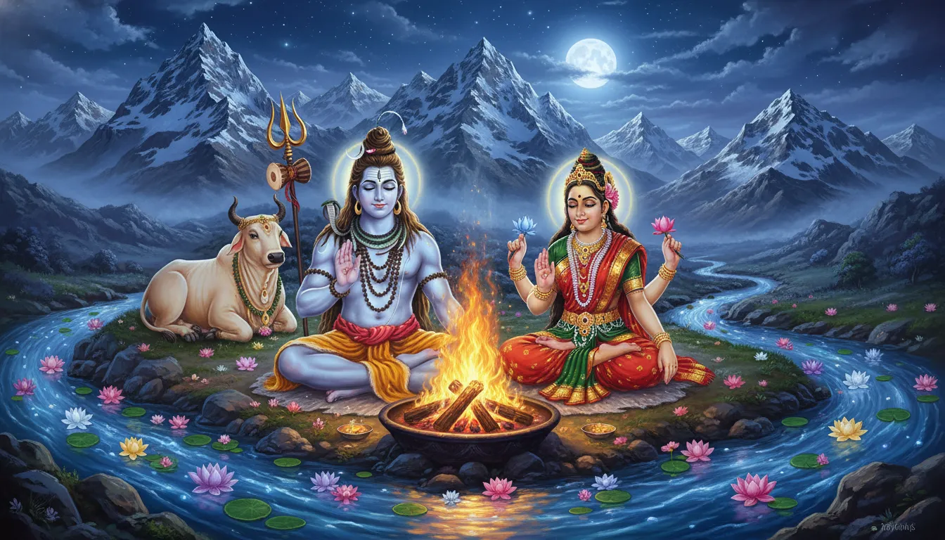 Lord Shiva and Parvati sitting near sacred fire with Nandi, river, and snowy mountains