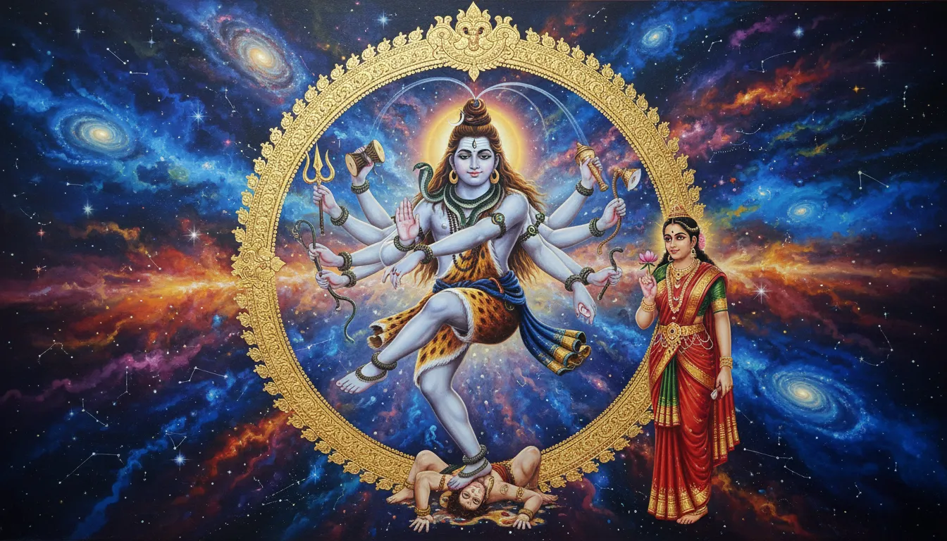 Traditional painting of Lord Shiva dancing inside a circular cosmic frame.