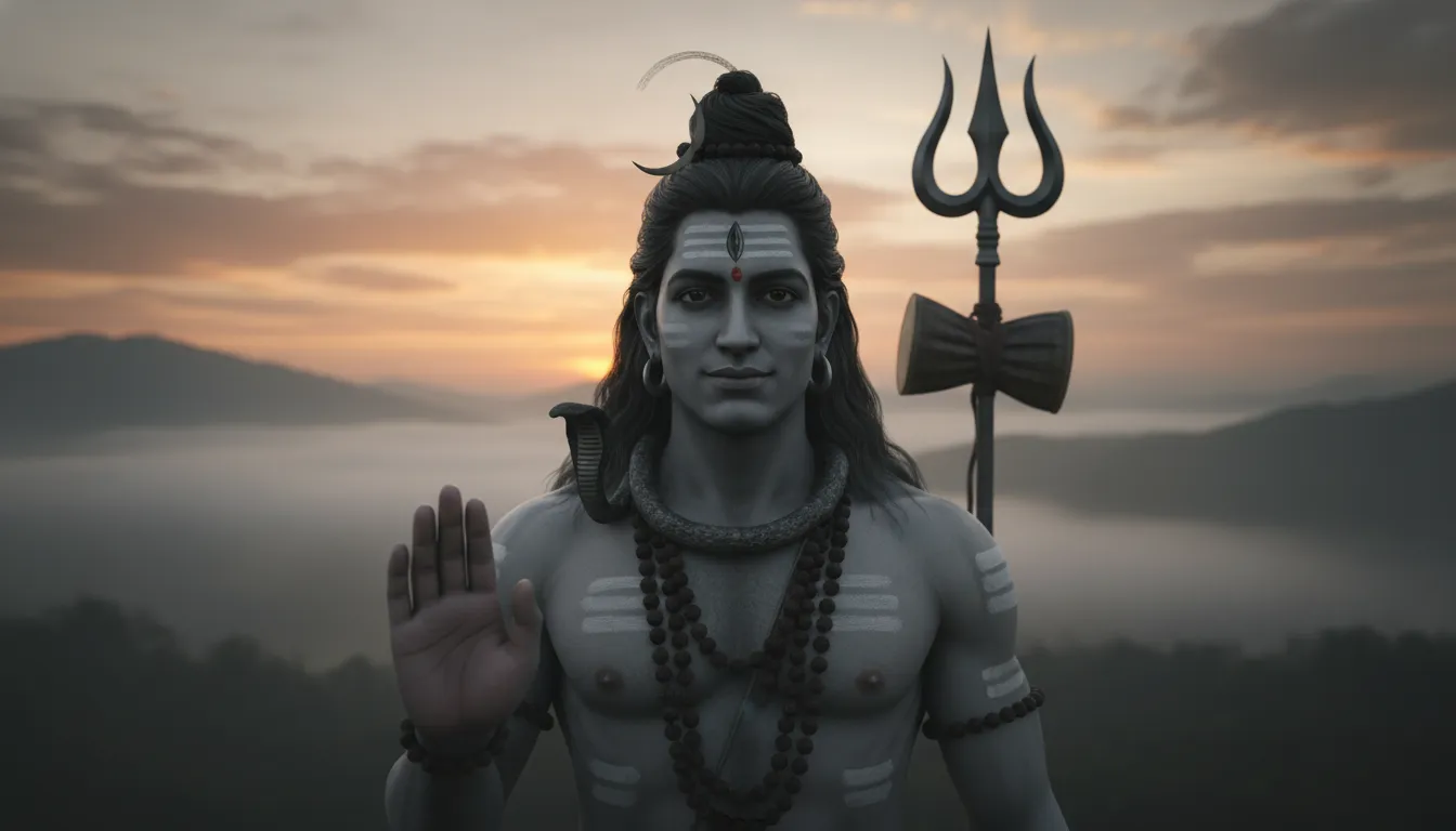 Lord Shiva reaching his hand forward toward the viewer with a trident in the background at sunset.