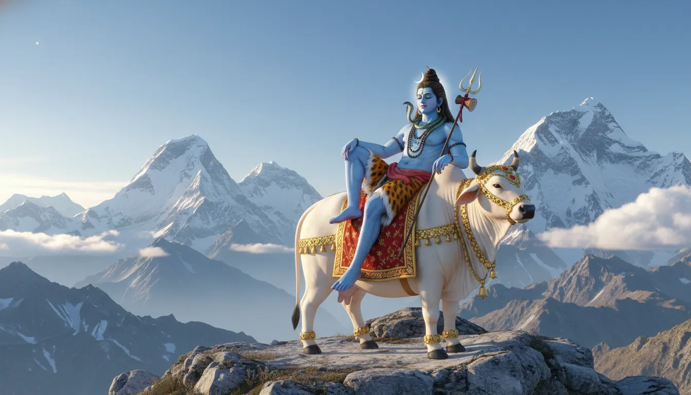 Lord Shiva sitting on his vahana, the white bull Nandi, in the snowy Himalayan mountains.