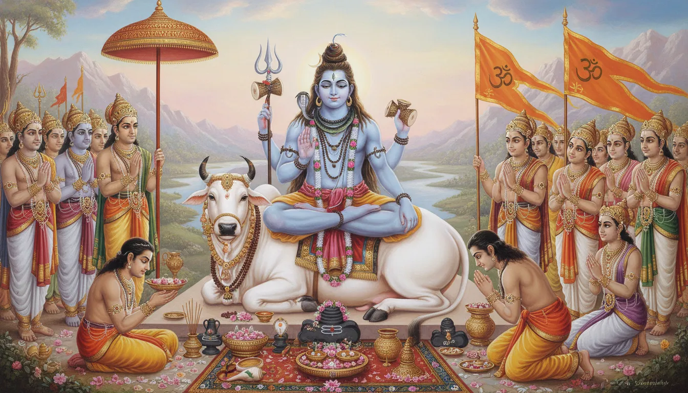 Lord Shiva riding a white bull with divine attendants holding flags and ceremonial items.
