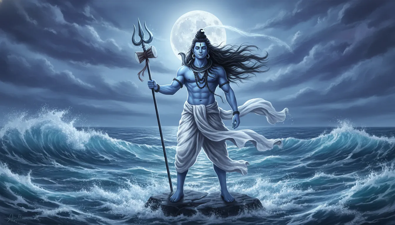 A muscular blue-skinned Lord Shiva holding a trident while standing in the middle of a crashing blue ocean.