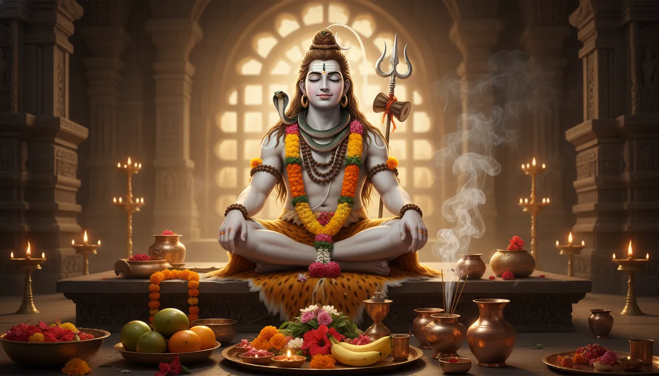 A devotional illustration of Lord Shiva seated peacefully inside a bright temple, surrounded by flowers, garlands, sacred offerings, incense, and ritual items.