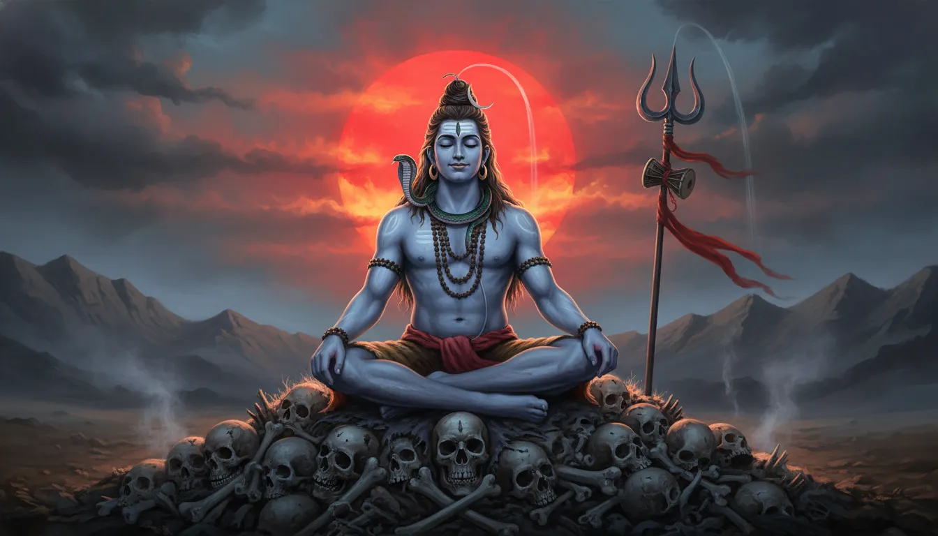 Lord Shiva sitting in meditation on a pile of skulls with a trident beside him and a red sun glowing above.