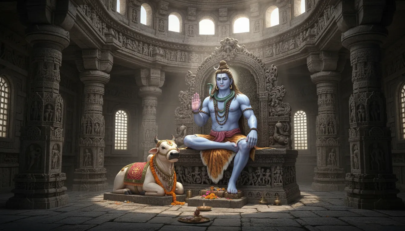 Lord Shiva in a majestic pose on a stone throne with Nandi the bull resting at his feet.
