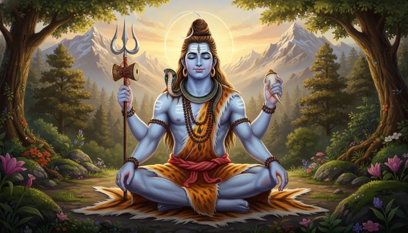 Lord Shiva in a peaceful sitting pose with a snake around his neck and a tiger skin beneath him.