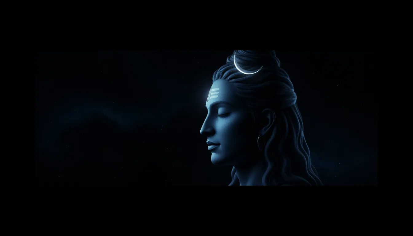 A side profile silhouette of Lord Shiva in a deep blue lighting theme.