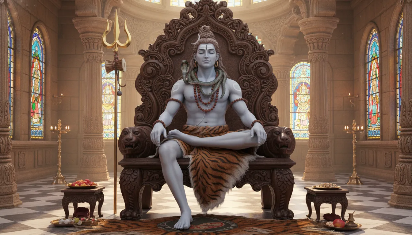 Lord Shiva sitting in a relaxed posture on a stone throne inside a temple-like setting.
