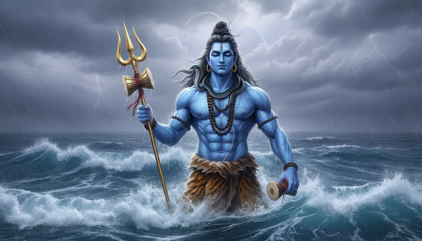 Lord Shiva with a trident and damru standing powerfully in the middle of a crashing blue ocean.