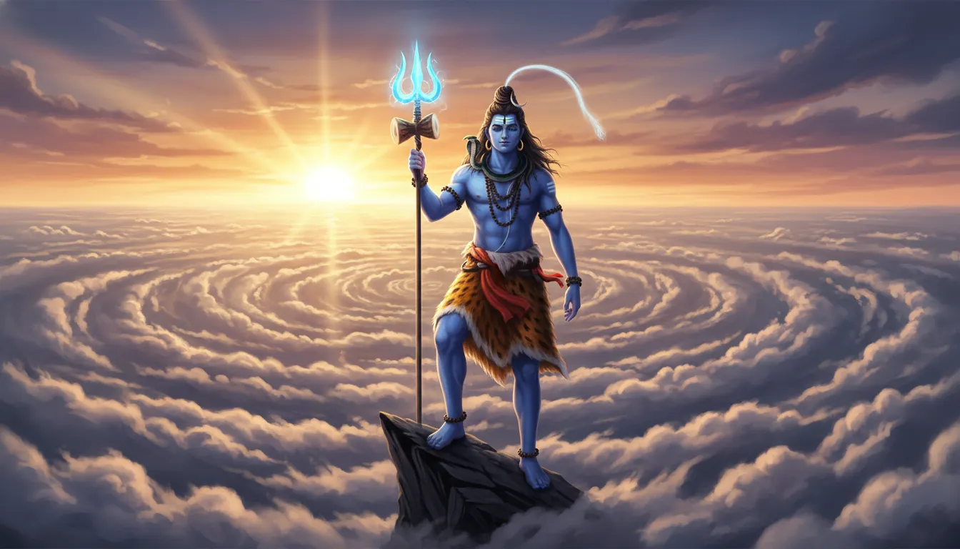 Lord Shiva holding his trident and looking up at a dramatic sky filled with dark clouds and golden sunlight.