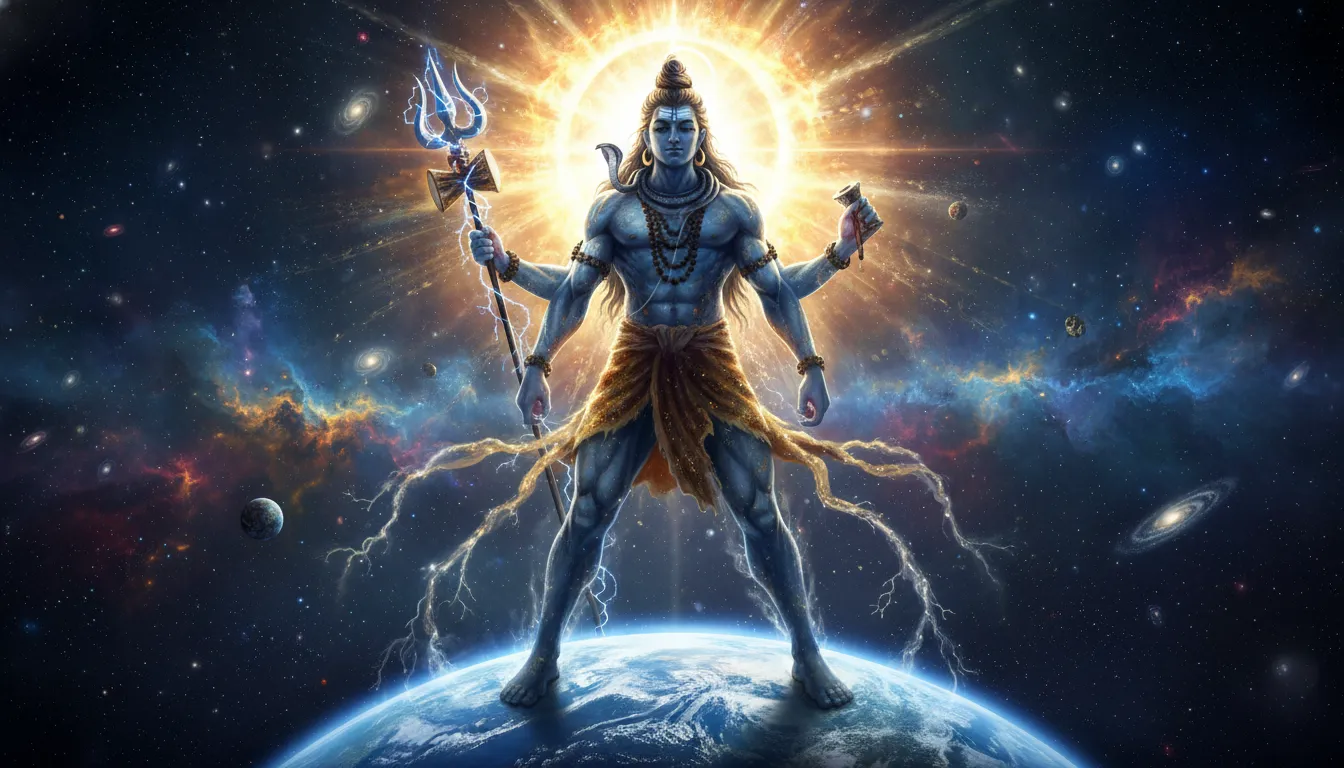 A giant cosmic form of Lord Shiva standing on the globe of Earth in space with a Trishul.