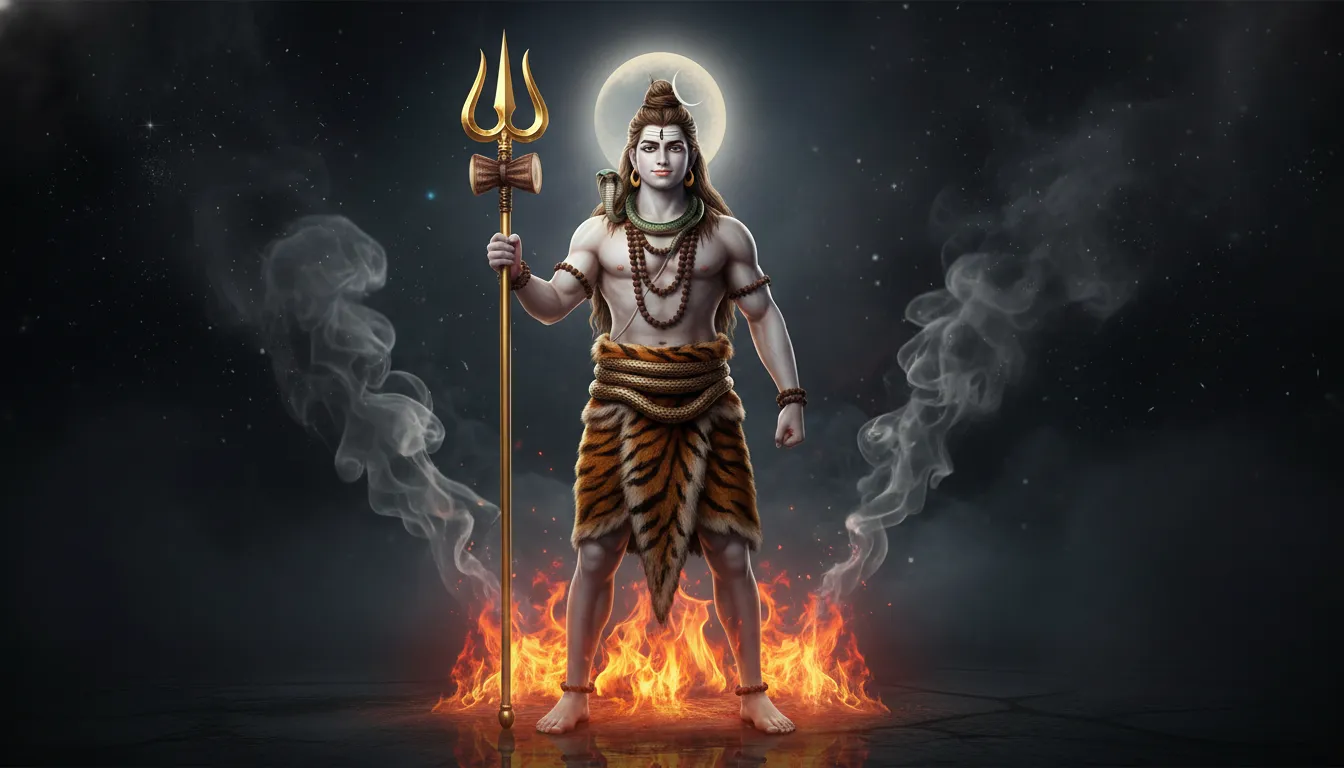 Lord Shiva standing with a golden trident, tiger-skin cloth, flames, and a glowing crescent moon