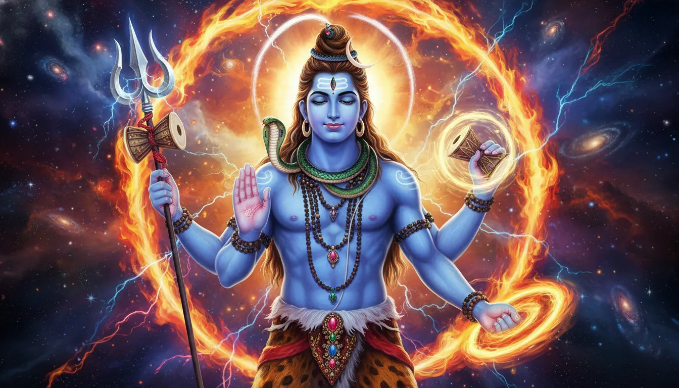 A vibrant blue Lord Shiva amidst glowing orange and yellow flames and a bright blue crescent moon.