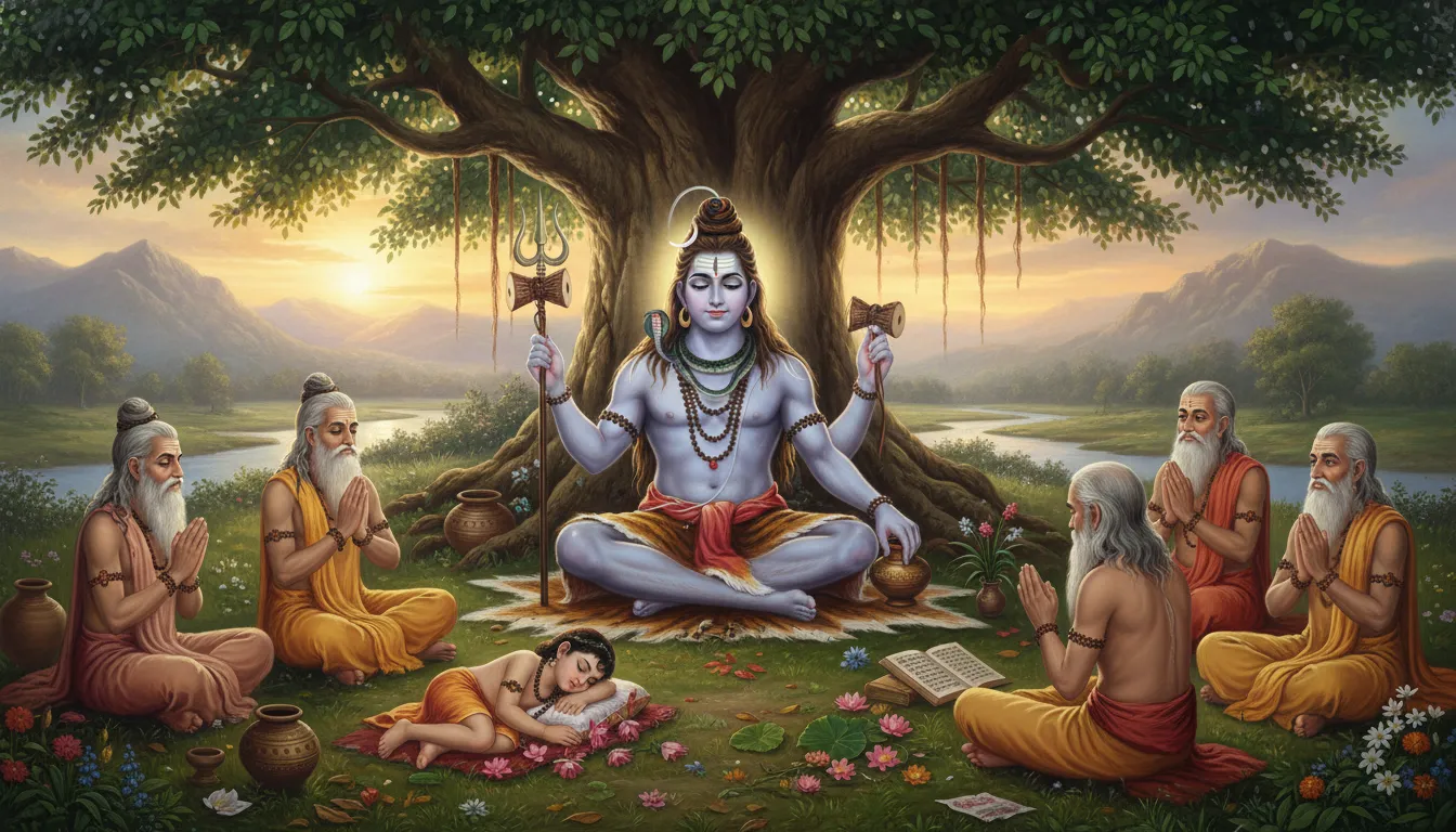 Peaceful artwork of Lord Shiva seated beneath a large tree surrounded by sages and a child.