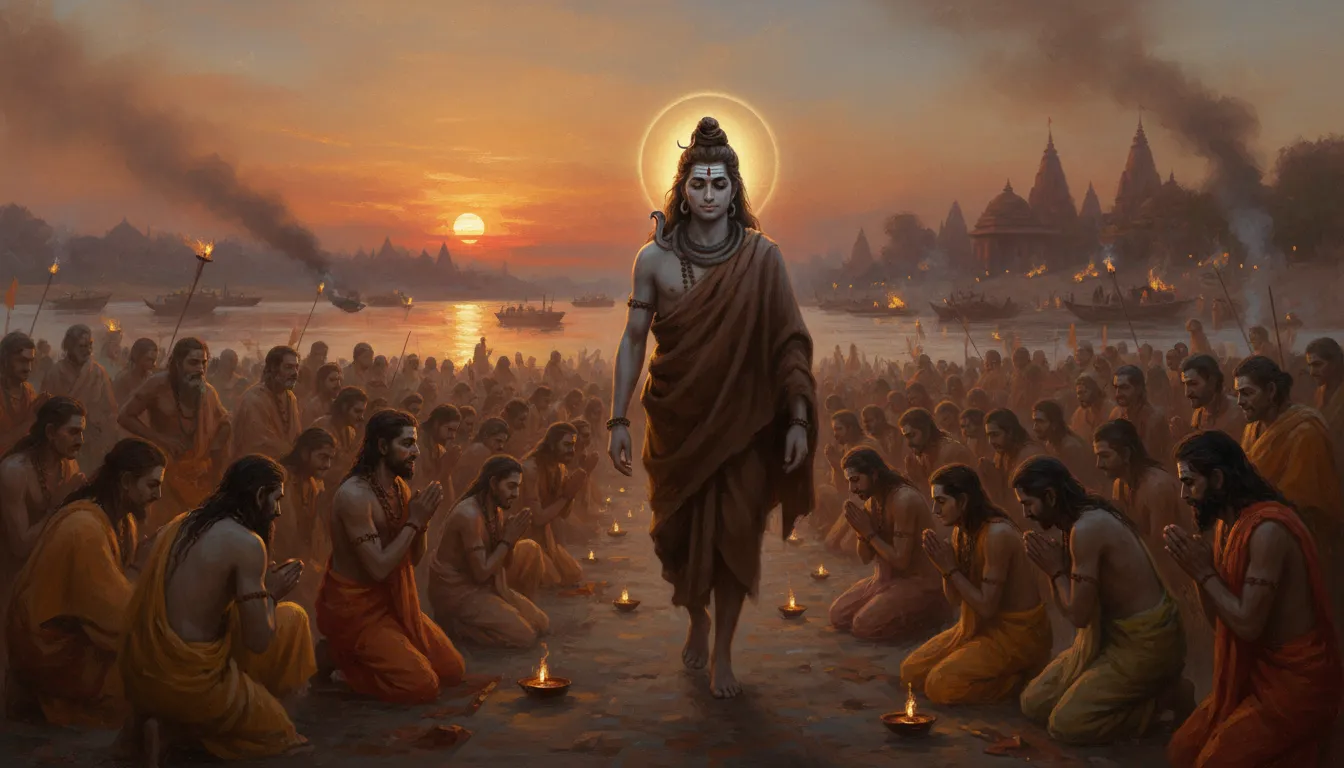 Lord Shiva dressed in a dark robe walking through a large crowd of bearded sages and followers