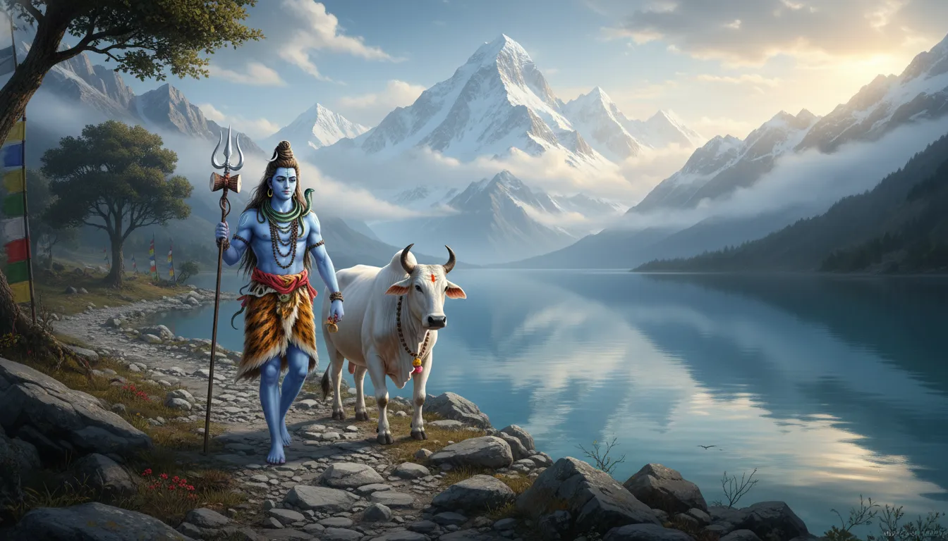 Lord Shiva walks with a white bull beside a turquoise mountain lake surrounded by snowy peaks and misty clouds.