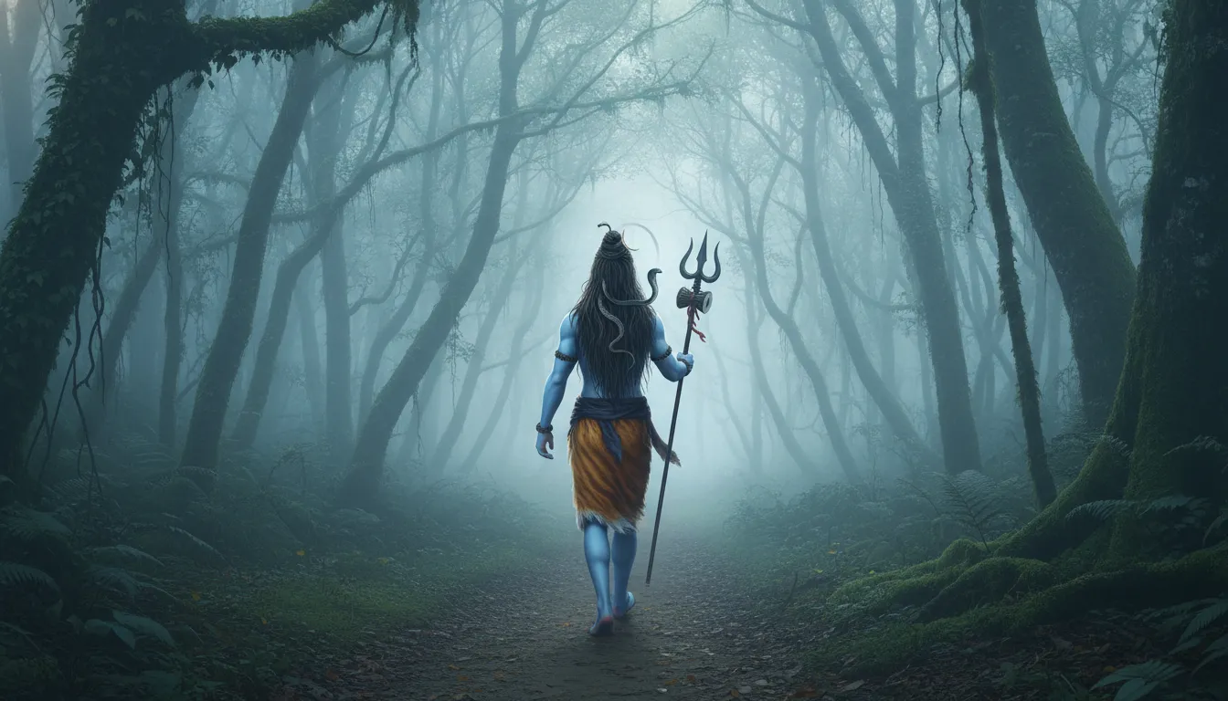 Lord Shiva is seen from behind walking along a forest path while holding a trident in a foggy woodland setting.