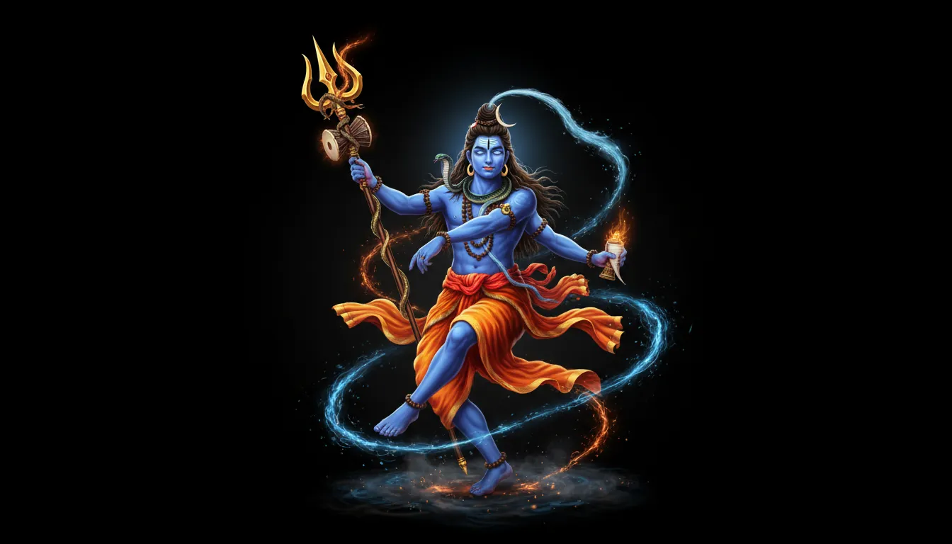 Lord Shiva in a dynamic walking pose holding a glowing golden Trishula against a black background.