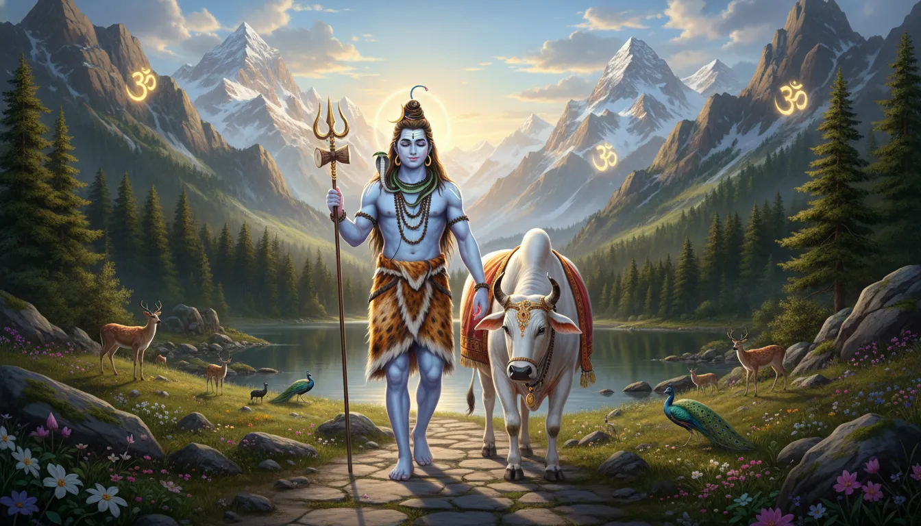 Lord Shiva walking with Nandi through mountain landscape in divine spiritual artwork
