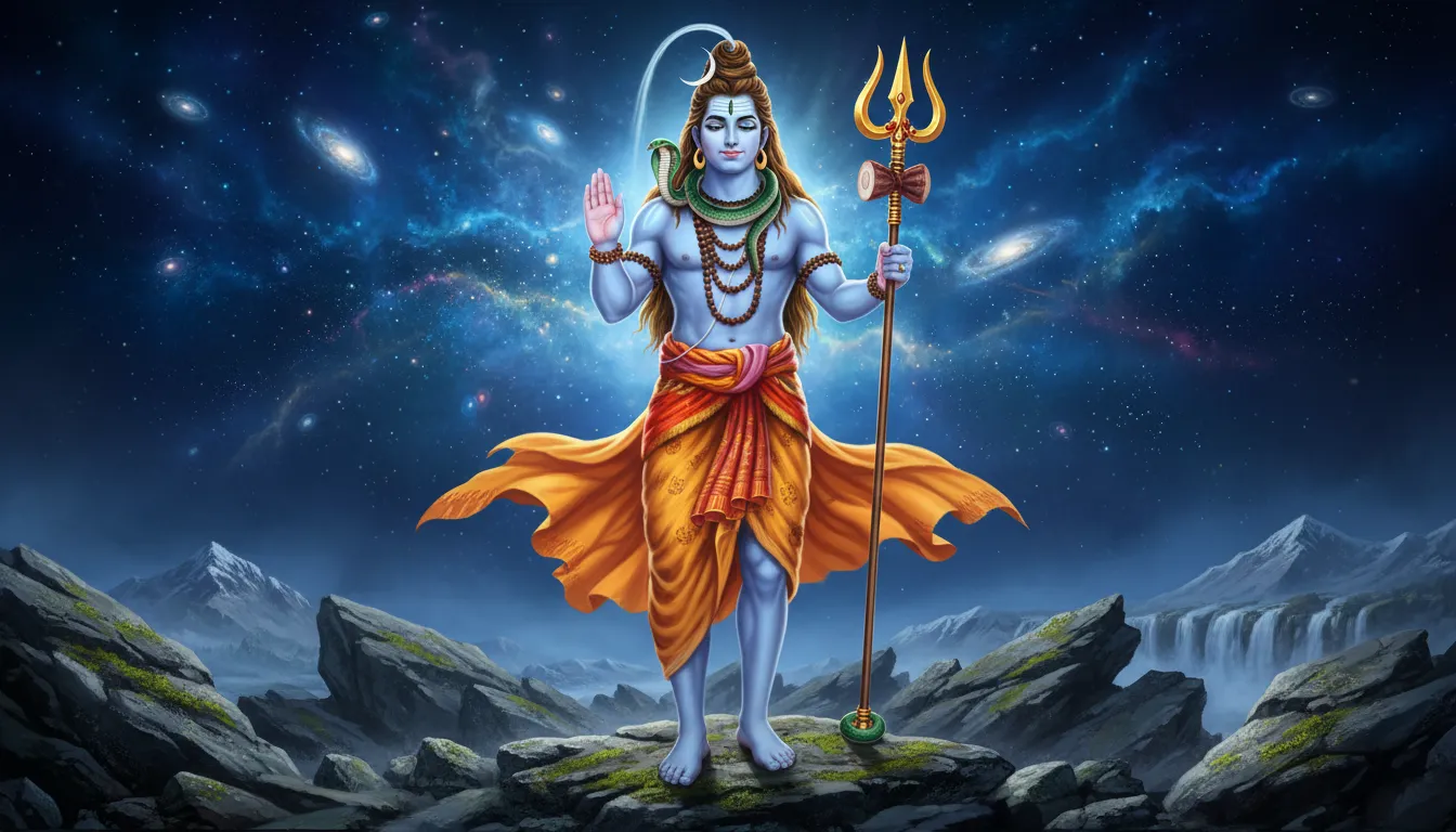 Lord Shiva walking on rocky ground with a golden trident, snake necklace, orange drape, and blue mountain background.