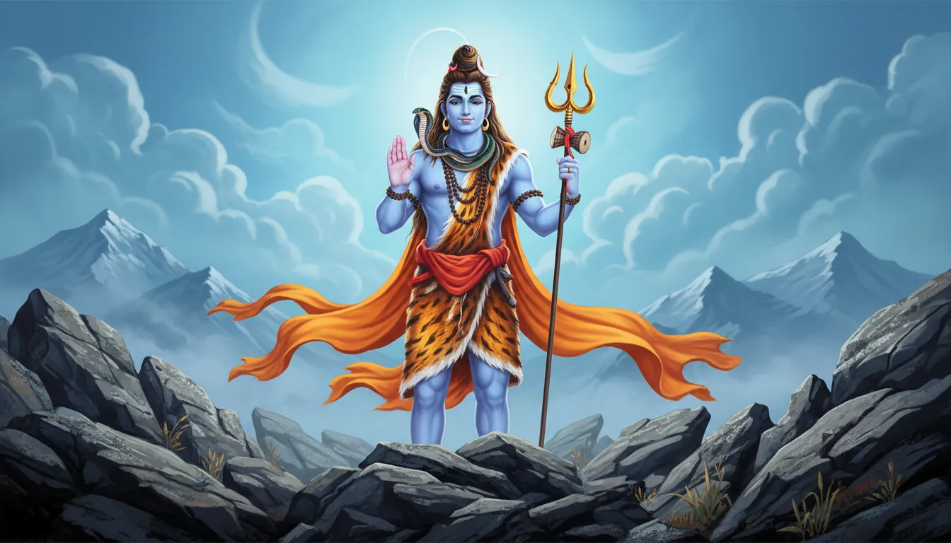Lord Shiva walking on rocky ground with a golden trident, snake necklace, orange drape, and blue mountain background.