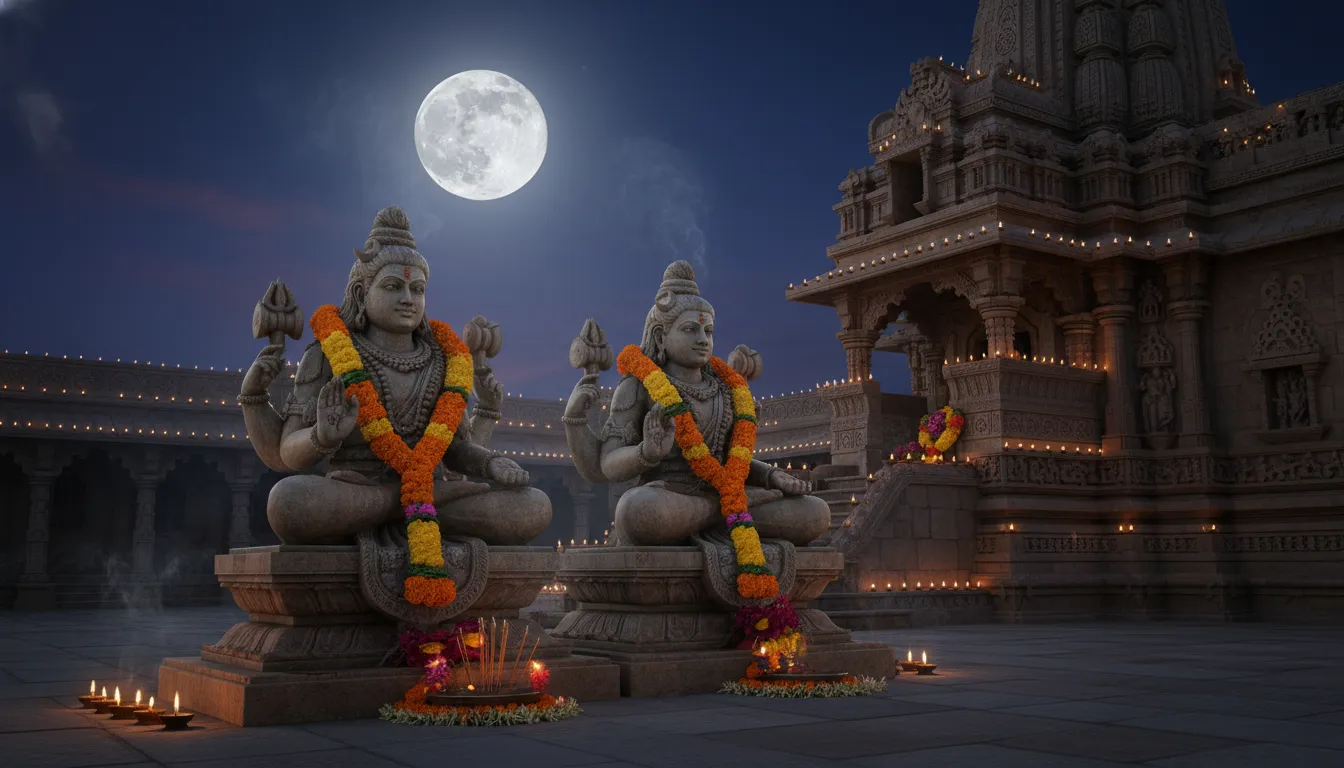 Stone statues of Lord Shiva and Goddess Parvati sit together before a grand temple under a bright full moon.