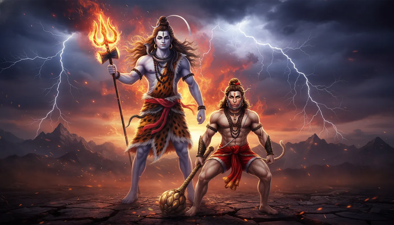 : A dramatic devotional fantasy artwork showing Lord Shiva holding a flaming weapon while Hanuman stands powerfully in front during a storm.