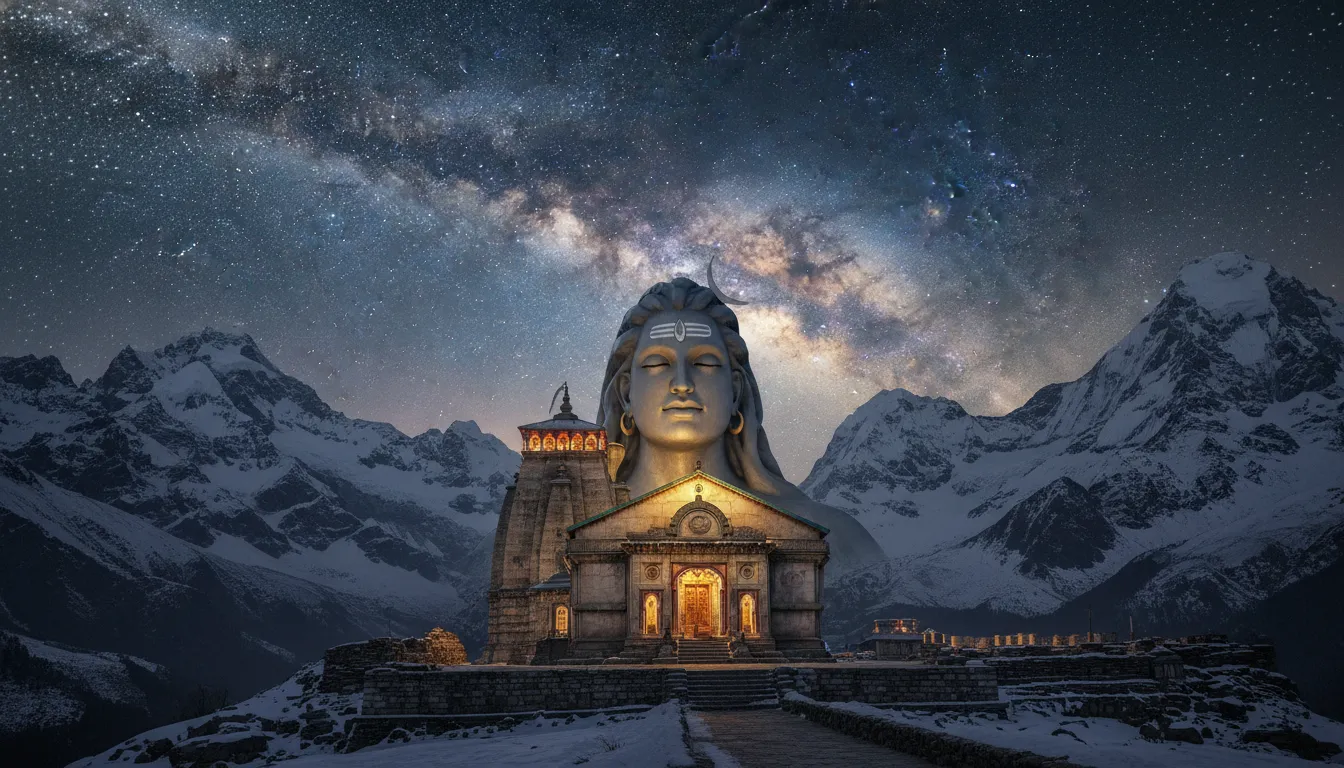 Large statue of Lord Shiva behind the sacred Kedarnath Temple under a starry night sky.