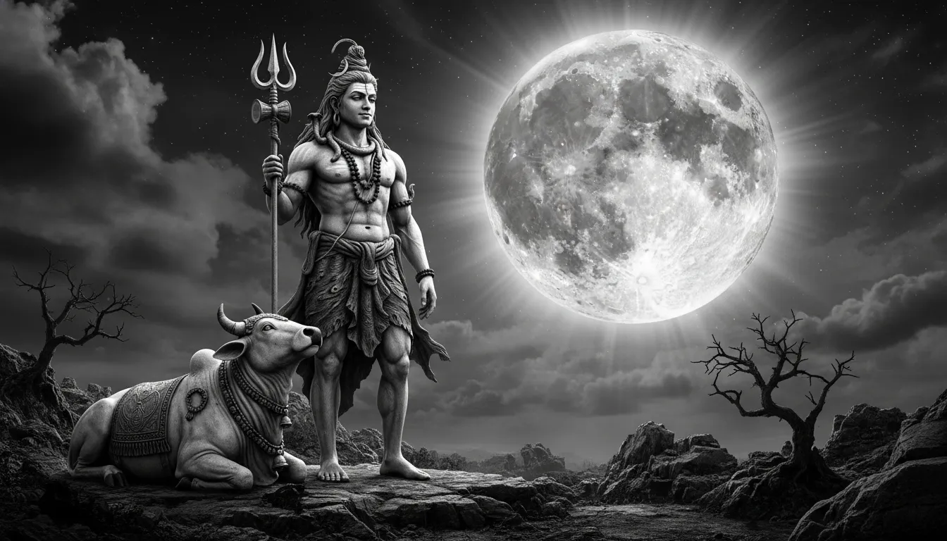 A black and white artistic depiction of Lord Shiva standing with his bull Nandi under a giant moon.
