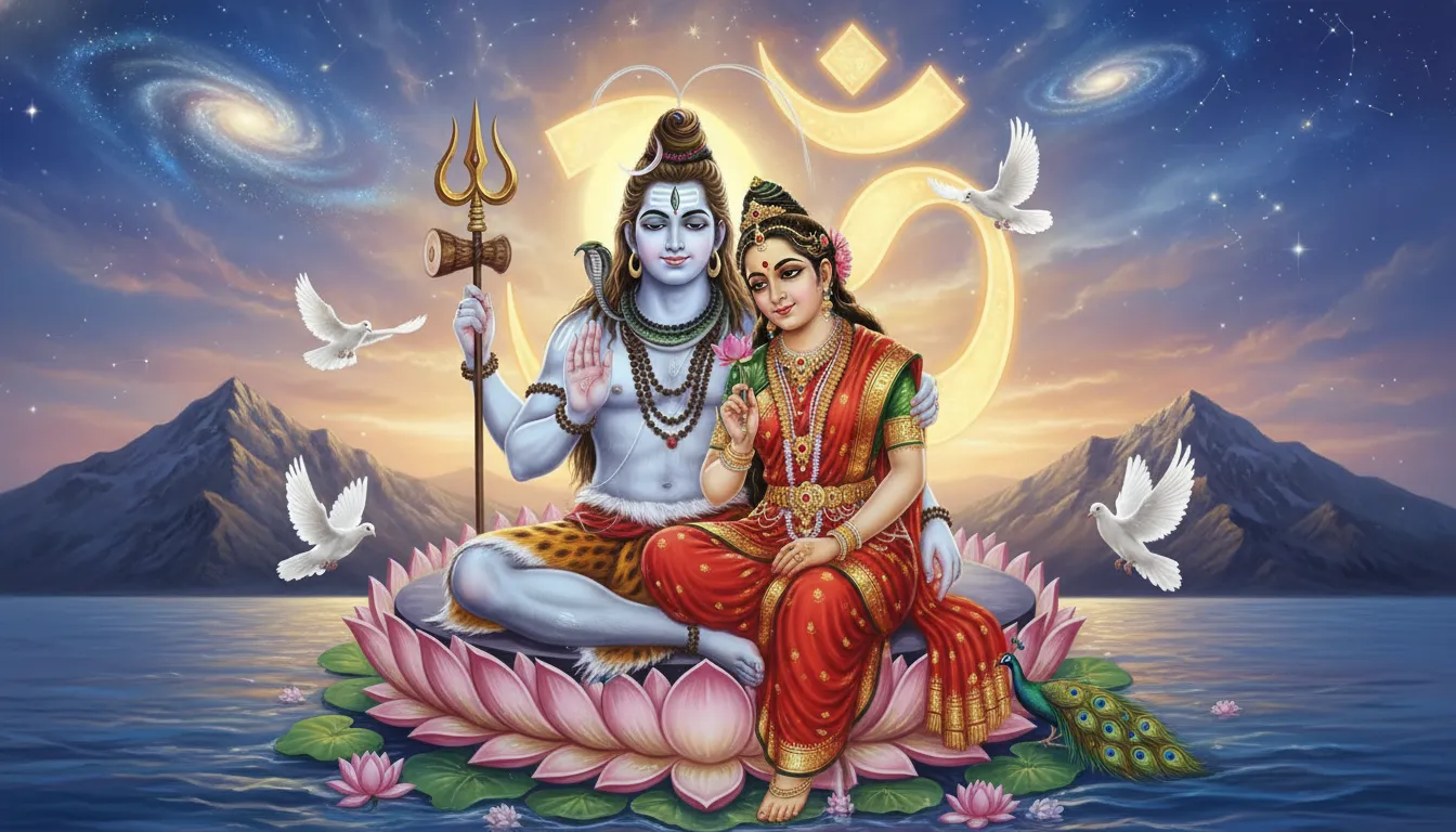 Lord Shiva and Goddess Parvati together in divine romantic spiritual artwork