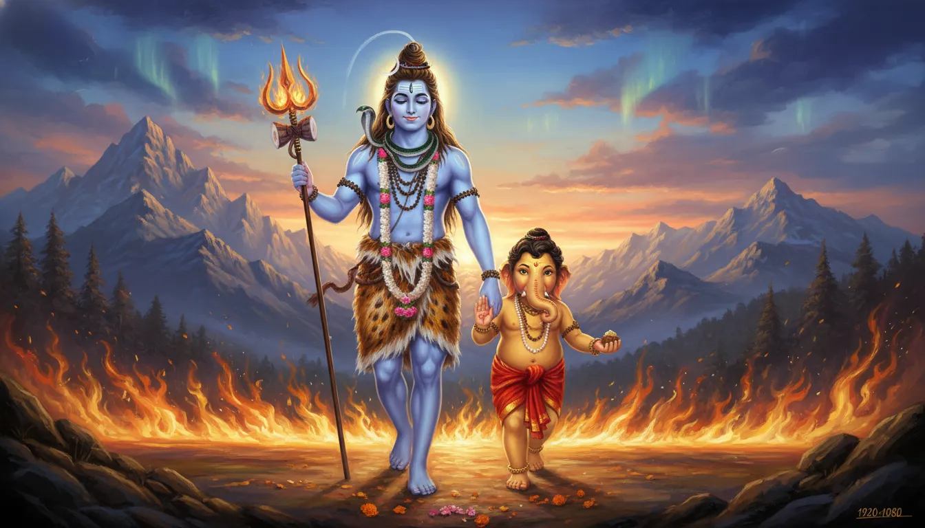 Lord Shiva walking beside young Lord Ganesha while holding sacred fire and a trident.