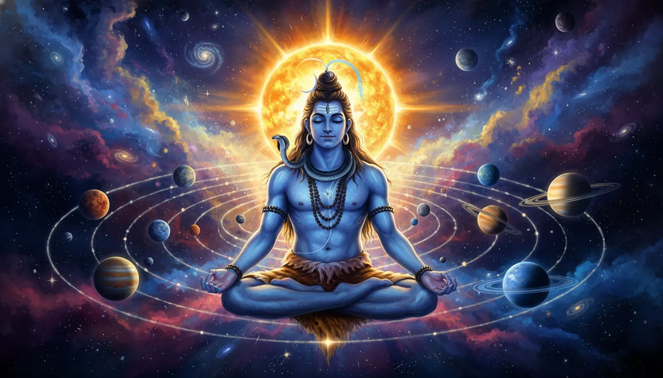 Lord Shiva meditating in space with the sun behind his head and planets orbiting around him.