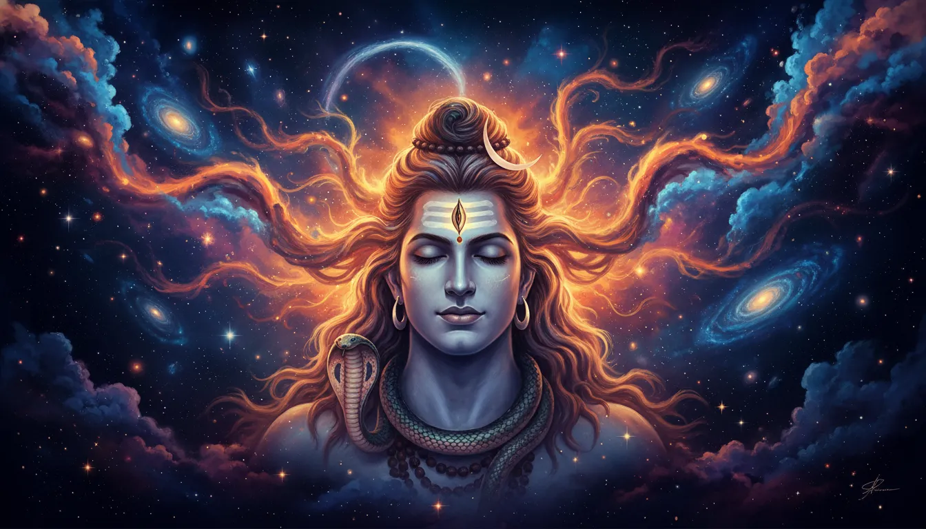 Lord Shiva with flowing hair that merges into a swirling spiral galaxy and stars.