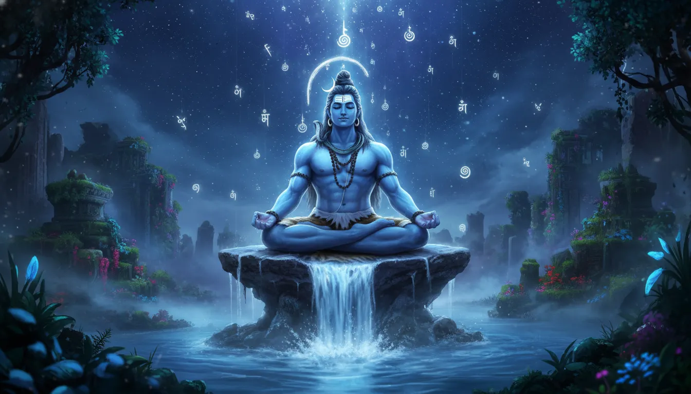 Blue-skinned Lord Shiva meditating in a serene posture with glowing symbols overhead