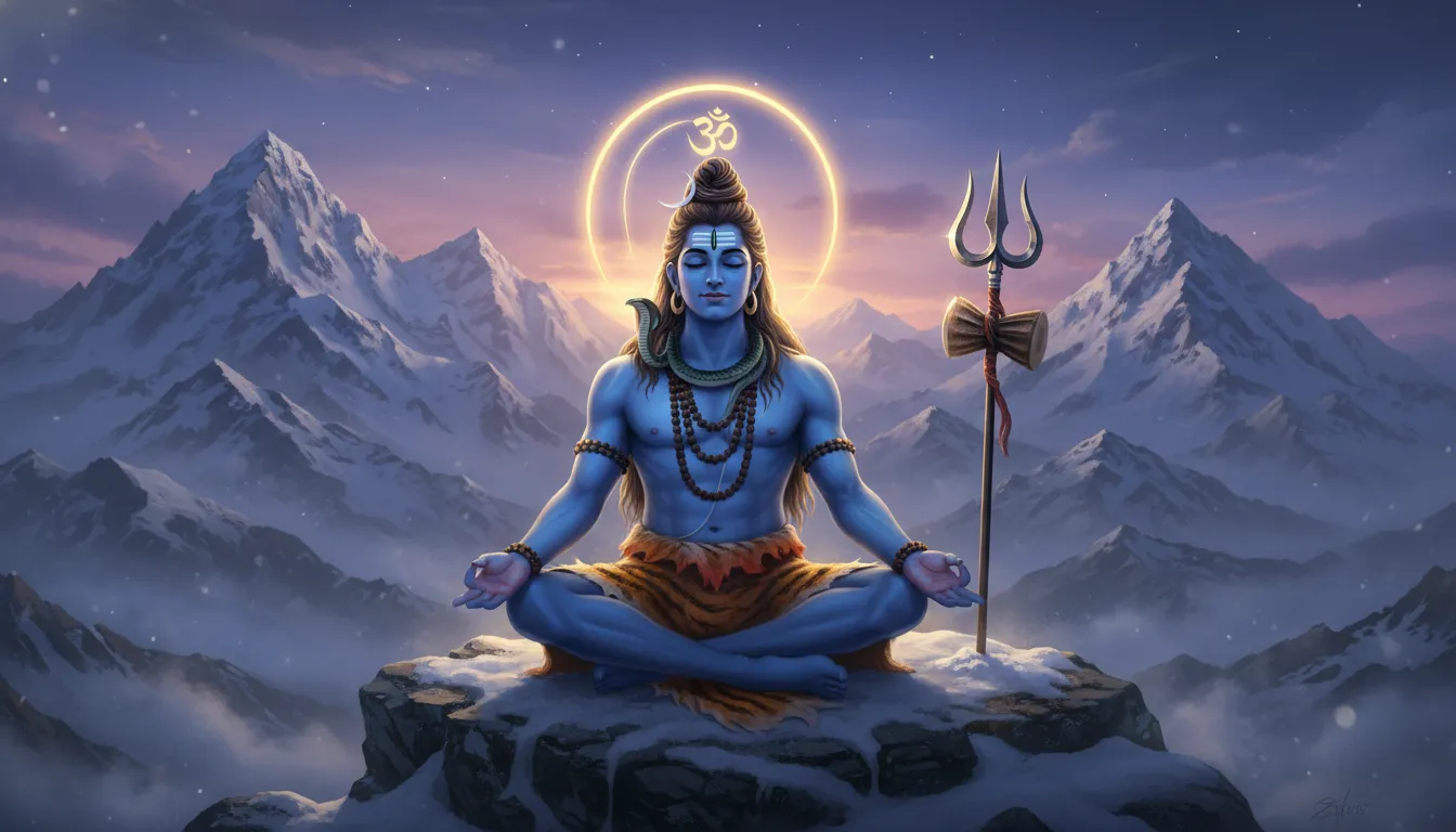 Lord Shiva sitting in a meditative lotus pose on a mountain peak with a golden Om symbol in the sky.