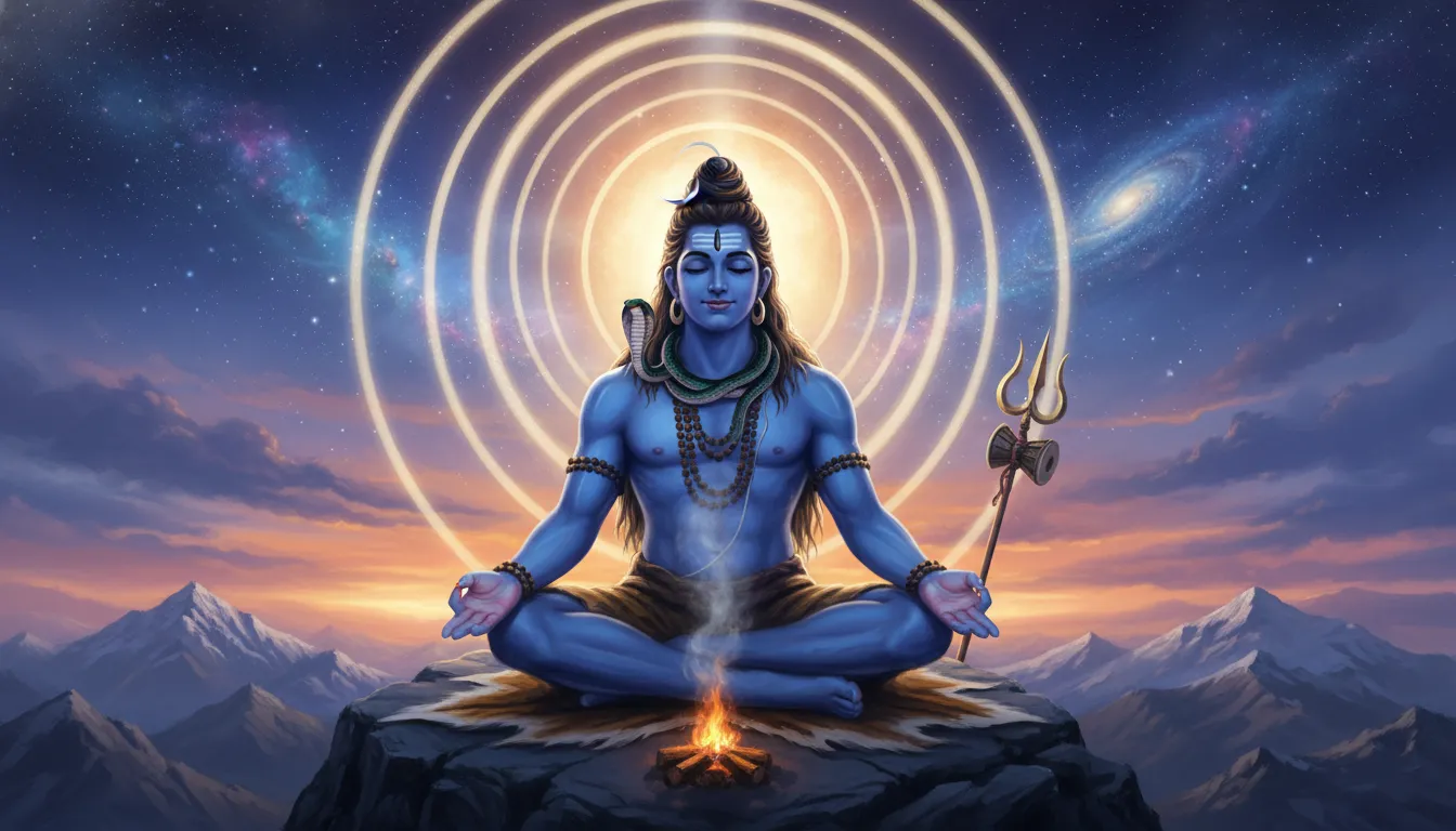A serene digital art of Lord Shiva meditating with closed eyes, featuring a glowing crescent moon and blue cosmic energy.