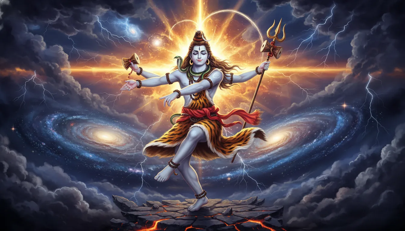 Lord Shiva dancing with arms raised towards the sky amidst golden clouds and divine light.
