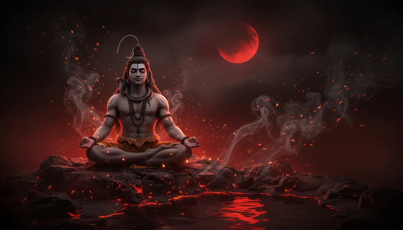 Lord Shiva sitting in meditation surrounded by red embers, smoke, and a glowing red crescent moon.