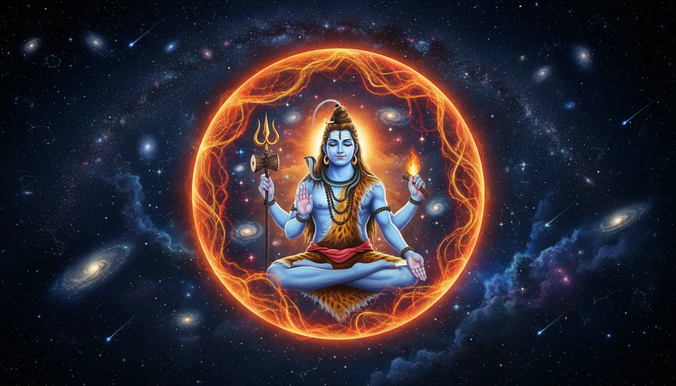 A youthful depiction of Lord Shiva sitting inside a glowing cosmic bubble.
