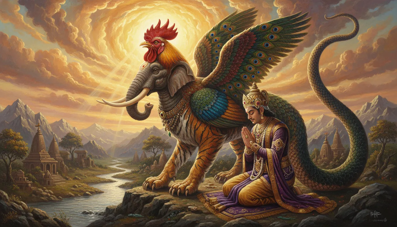 A mystical creature with parts of nine different animals appearing before a devotee.