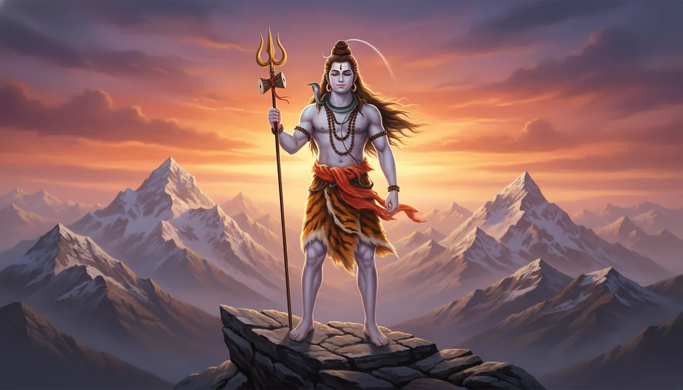 Lord Shiva standing on a snowy mountain cliff holding a trident during sunset.